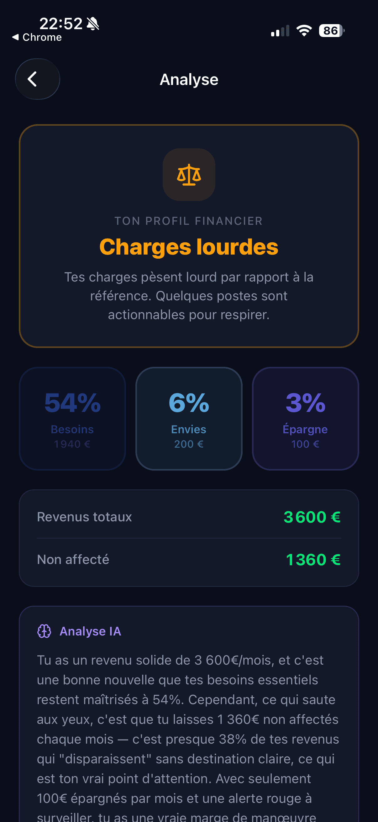 Écran d'analyse du profil financier de Wallet Master