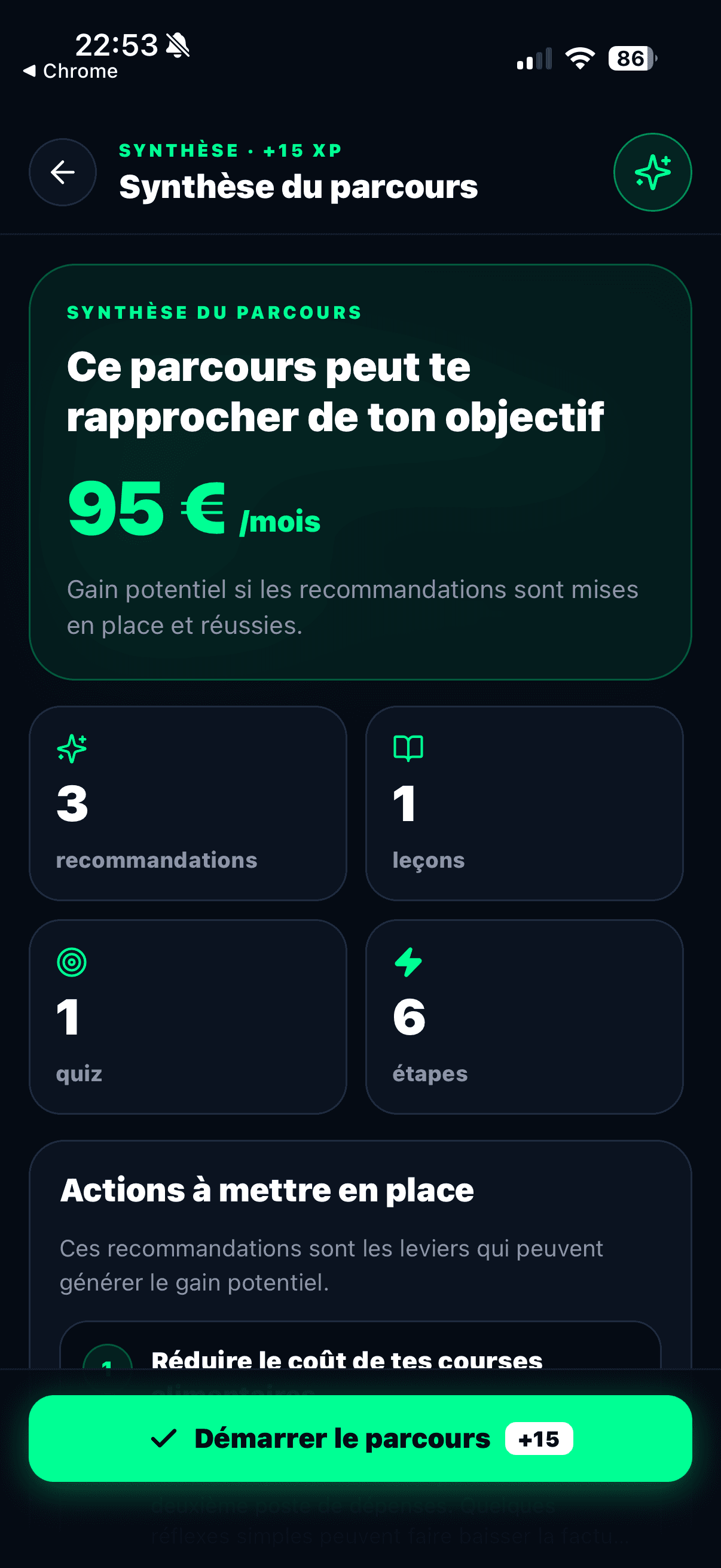 Écran de synthèse d'un parcours Wallet Master